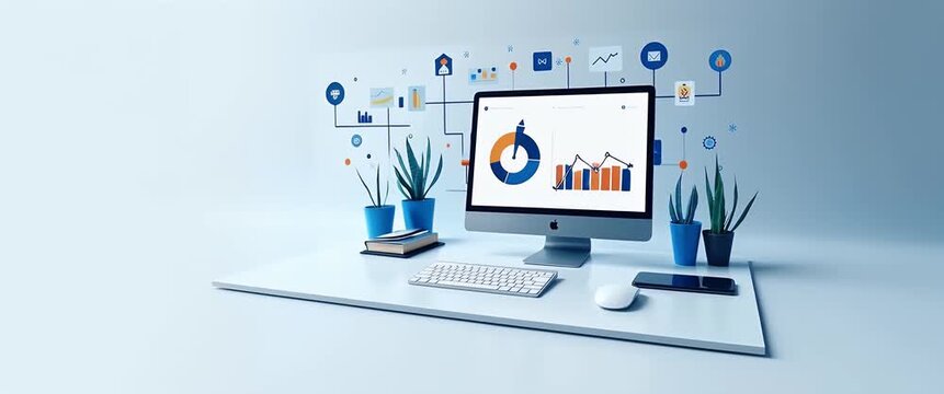 Modern workspace animation with computer screen displaying dynamic analytics, as the camera gently pans across a minimalist office setup; seamless, cinematic, business-focused.