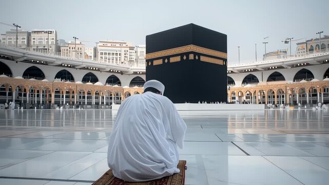 Muslim Pilgrim Praying at Kaaba in Mecca Saudi Arabia