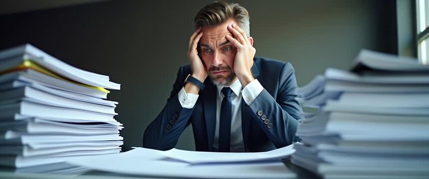 Stressed businessman reviews paperwork at desk, deep in thought; camera slowly pans, highlighting office environment with ambient lighting shifts, in a cinematic corporate scene.