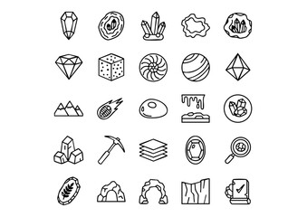 Fototapeta premium Minimalist Geological Vector Icon Set, 2D Game Asset: Mineral and Gemstone Outline Collection, Black and White Linear Rock & Fossil Symbols