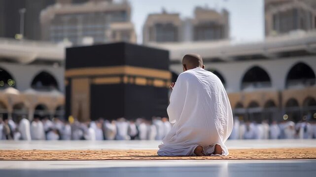 Muslim pilgrim praying before the Kaaba in Mecca Saudi Arabia