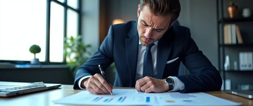 Business professional in a suit reviews financial documents with focused expression, gentle ambient light flickers through large windows, camera slowly pans across a modern office setting, cinematic s
