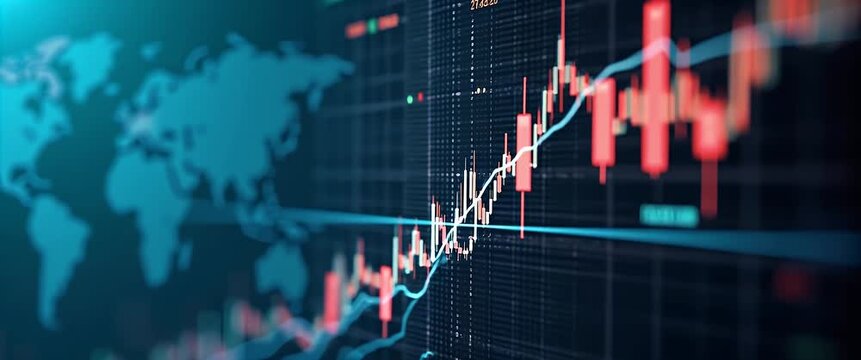 Cinematic video of stock market graphs rising dynamically on digital screens, with a slow camera pan revealing a global map; ambient lights flicker subtly in the background, enhancing financial analys