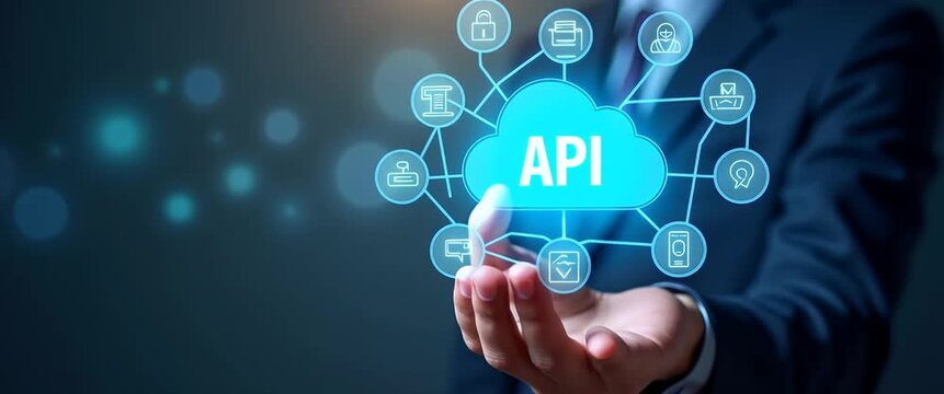 Business professional presenting API cloud technology with dynamic data connections, as camera smoothly pans across futuristic interface, creating a cinematic and innovative visual.