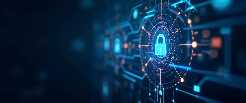 Futuristic cybersecurity network with a glowing digital lock in center, as camera gently pans and ambient lights flicker, creating a dynamic, cinematic atmosphere with copy space.