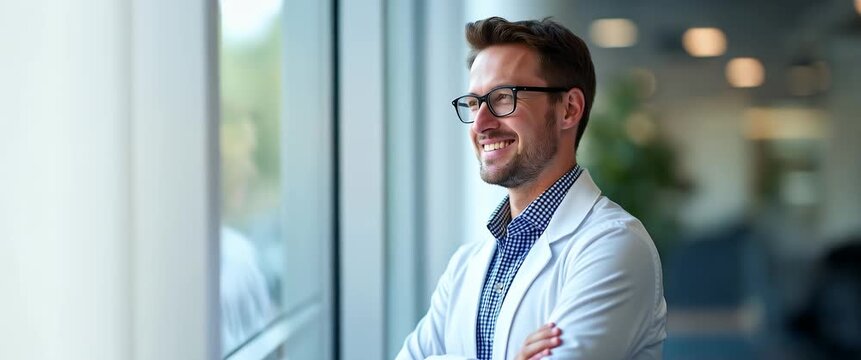 Confident male doctor gazes out window in modern office, smiling gently as sunlight flickers; camera pans slowly, capturing a serene, professional atmosphere in cinematic style.