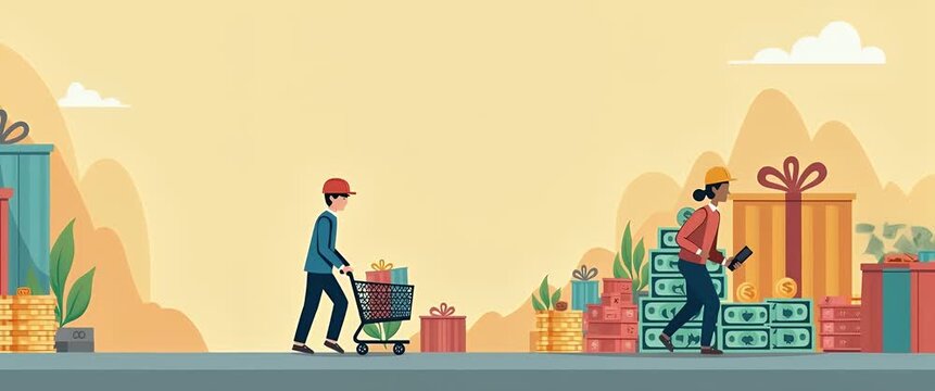 Shoppers stroll through a gift-filled landscape, pushing carts as the camera gently pans, while animated cash piles and presents create a vibrant, dynamic, and cinematic shopping scene.