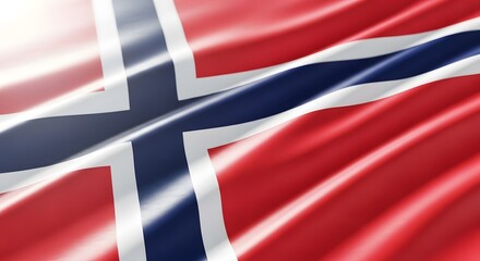 A close-up view of the national flag of Norway, featuring its distinctive red, white, and blue Nordic cross design, gently waving with a glossy texture.