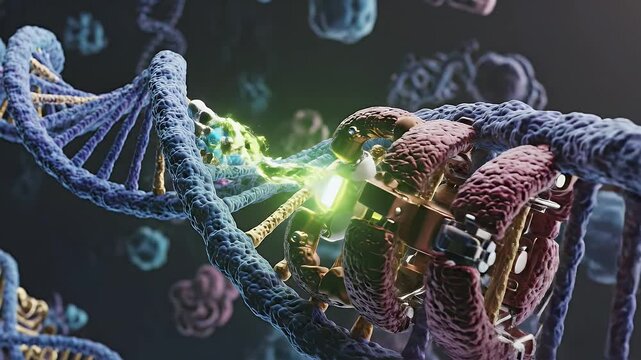 Cinematic 3D Rendering of Gene Expression with Blue and Gold DNA Strands Medical Visualization and Molecular Biology