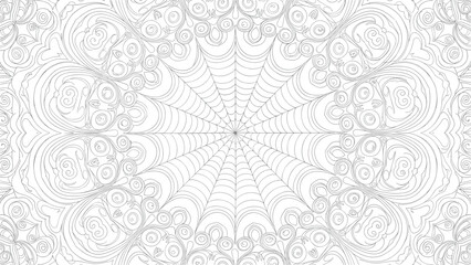 Fototapeta premium Intricate kaleidoscope pattern of fine gray lines forming a complex geometric mandala design for coloring or background use.