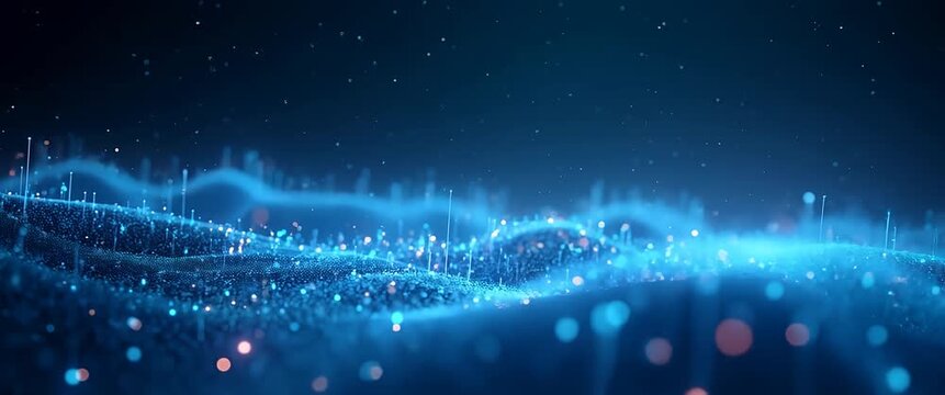 Dynamic digital waves oscillate gently in a futuristic landscape, with a slow cinematic pan highlighting abstract data visualization and glowing particle effects.