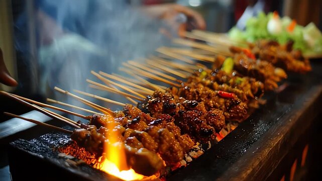 Street Food Satay Skewers Grilling Over Hot Charcoal Fire