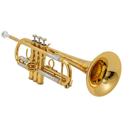Obraz premium Polished brass trumpet with three valves and gleaming bell finish isolated on transparent background