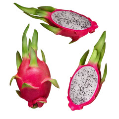 Pitahaya fruit whole and halves isolated on white background