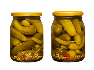 Two jars of pickled cucumbers isolated on a white background