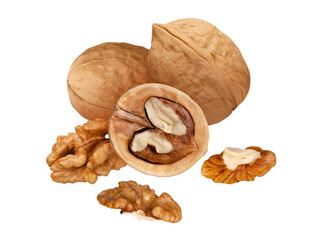 Walnuts pile with whole and half isolated on white background
