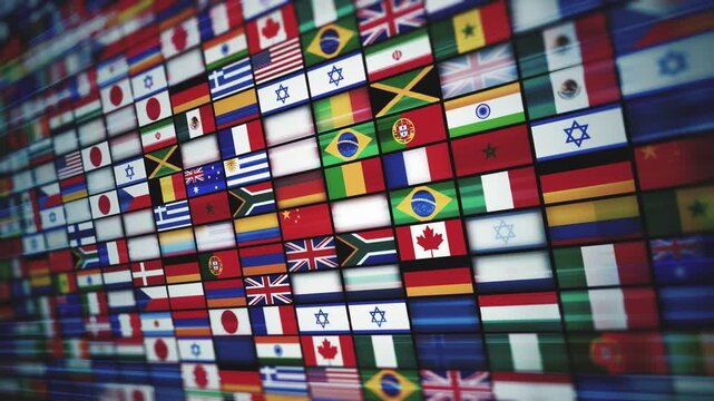 World Flags Background Animation With All Countries
Animation of a design abstract 3d background with international world flags icons mosaic shifting and speed effect along with depth of blur