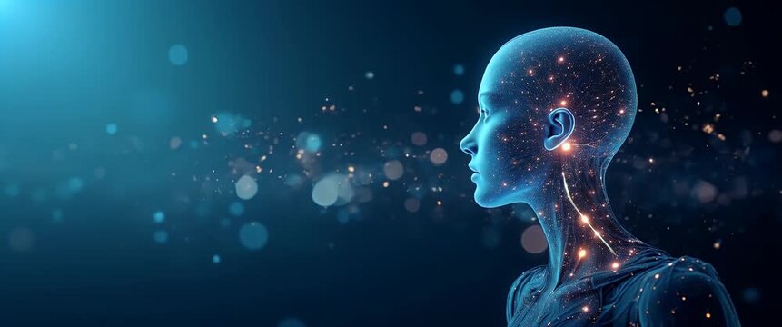 Futuristic AI robot head with glowing circuits slowly turns, as camera gently pans across a bokeh-filled digital landscape, creating a cinematic, tech-forward atmosphere.