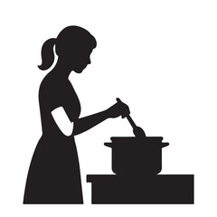 Black silhouette of a woman with a ponytail cooking food in a pot on a stove.