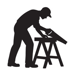 Black silhouette of a male carpenter using a hand saw to cut wood on a sawhorse