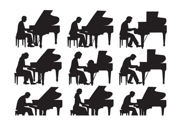 Black silhouettes of people playing grand and upright pianos in a grid layout on white