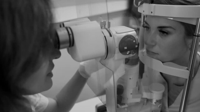 Black and white medical video footage showing detailed eye research and clinical examination using microscope and specialized ophthalmology equipment for diagnostics traininga 