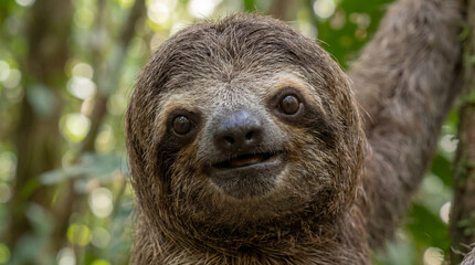 Obraz premium Sloth with a puzzled look hanging from a tree branch