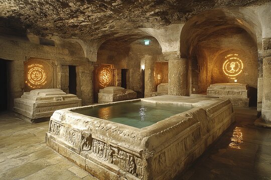 Ancient stone crypt with sarcophagi glowing magical symbols mysterious sacred atmosphere historical underground tomb illuminated mystical carvings heritage site
