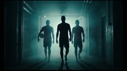 Fototapeta premium Three confident soccer players, one carrying a ball, walk through a dark, smoky tunnel, preparing to enter the stadium with determination and team spirit