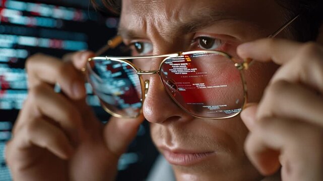 Intense gaze through specs: A focused gaze penetrates through spectacles, revealing the details of data visualization, symbolizing investigation.