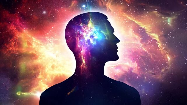 Human head silhouette on space backdrop, highlighring consciousness and the universe, merging imagination with cosmic elements