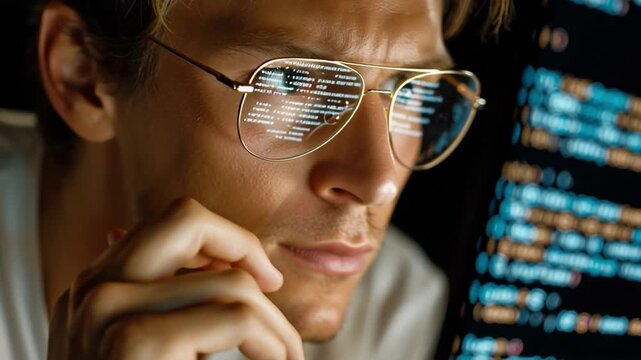 Tech Savvy Gaze: A focused individual, adorned in stylish glasses, immersed in the digital realm as lines of code are reflected in the lenses.