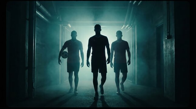 Three confident soccer players, one carrying a ball, walk through a dark, smoky tunnel, preparing to enter the stadium with determination and team spirit