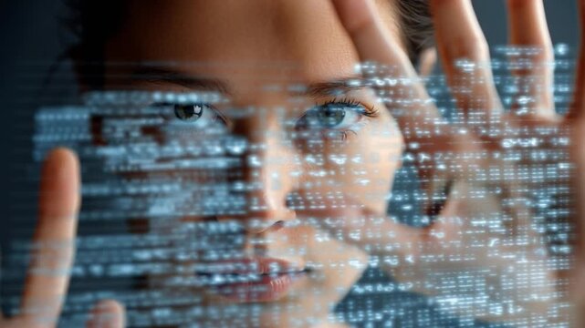 Coding Vision: A woman's focused gaze pierces through a screen of binary code, emphasizing the fusion of human intellect with the world of technology. She frames the digital realm with her hands.