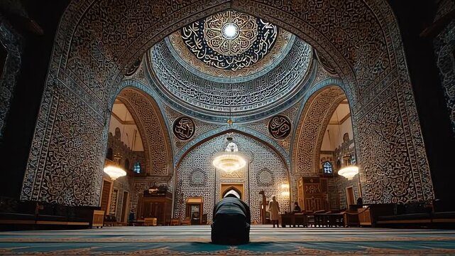 Muslim Praying Inside Grand Ornate Mosque Dome with Calligraphy