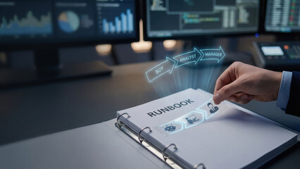 AI risk controls concept with runbook folder and hand selecting digital icons for bot analyst manager in office