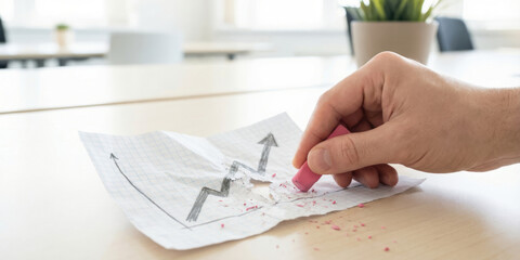 Hand erasing rising graph on paper symbolizing risk and need for ai controls to manage uncertain outcomes in business and technology