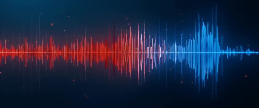 Dynamic audio waveform pulses rhythmically on a dark digital background, with a slow cinematic pan revealing vibrant data visualization and ambient light flickers, perfect for tech-themed content.