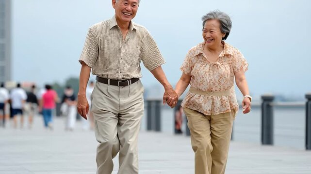 Forever Embrace: A loving couple, hand in hand, strolls leisurely along a scenic waterfront, sharing smiles and a lifetime of shared memories.