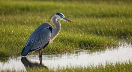Fototapeta premium Great blue heron in marshland environment vibrant colors wildlife portrait