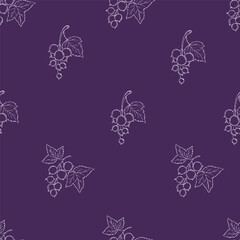 Currant Seamless Pattern. Outline White Line Art Black Berries on Dark Purple Background. Vector square hand-drawn illustration