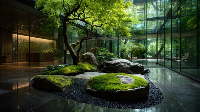 Minimalist Japanese-style courtyard garden inside a modern office building features green moss, rocks, and a small maple tree behind glass.