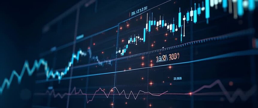 Dynamic stock market chart with fluctuating candlesticks, gentle ambient light flicker, and a slow pan across the graph in a cinematic, financial analysis style.