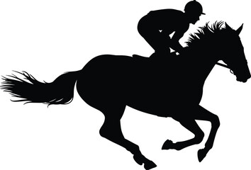 Silhouette of a jockey riding a galloping horse representing horse racing, speed, power, equestrian sport, competition, motion, and dynamic athletic action concept on white background