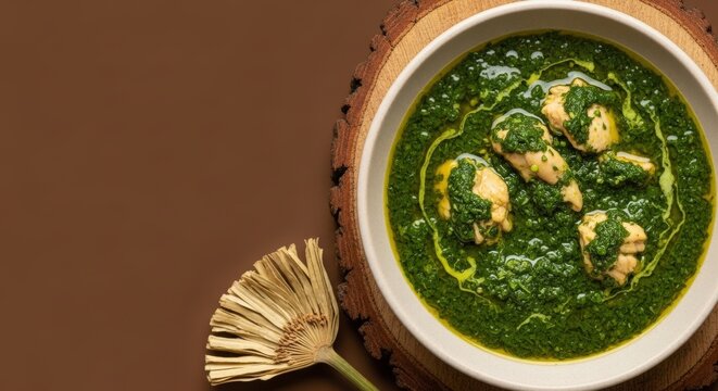 Traditional Molokhia Jute Soup with Chicken and Earth-Toned Left Copy Space