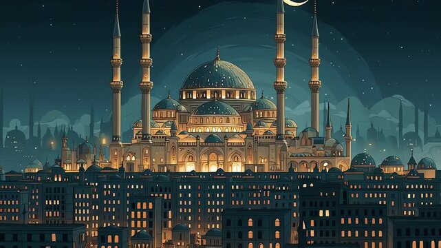 Blue Mosque Istanbul Night Illustration Crescent Moon Stars
