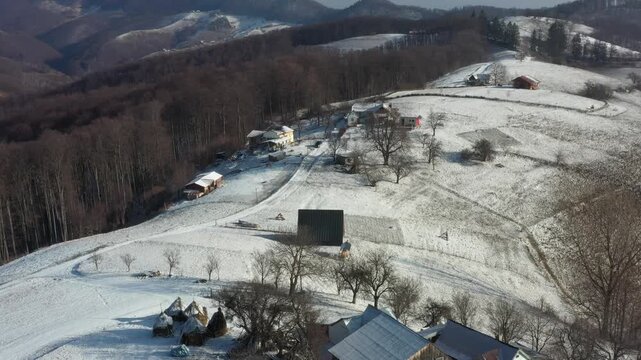 Aerial view of snow-covered houses along a winding path creating a striking contrast against the brown forest, Holbav, Brasov, Romania.