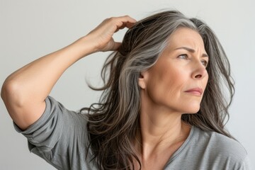 Fototapeta premium Middle age woman touching hair portrait adult photo.