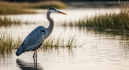 Naklejka premium Great blue heron standing in water serene wetlands habitat outdoor photography