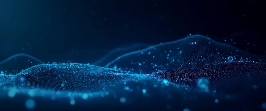 Cinematic digital waveforms gently undulate as the camera slowly pans across a futuristic network landscape, with ambient lights flickering softly, emphasizing technology and innovation.
